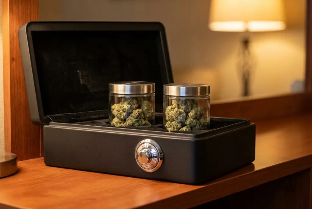Matte black lockbox on a wooden shelf partially open, containing glass jars of cannabis flower