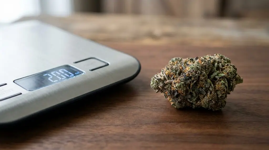 Cannabis flower bud next to a digital kitchen scale displaying 2.00 oz, the Massachusetts daily purchase limit