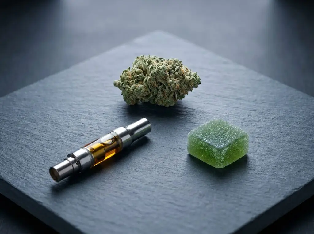 Cannabis flower bud, vape cartridge, and edible gummy arranged on a slate surface representing equivalency