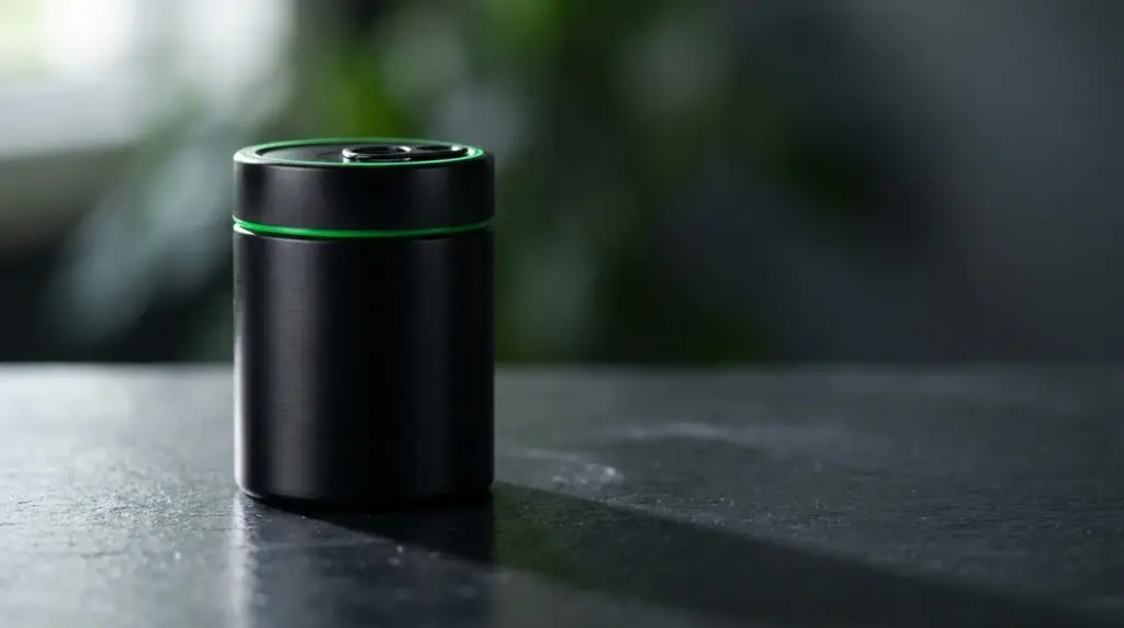 Premium matte-black cannabis product container with a green accent ring, photographed on a dark slate surface with shallow depth of field
