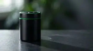 Premium matte-black cannabis product container with a green accent ring, photographed on a dark slate surface with shallow depth of field