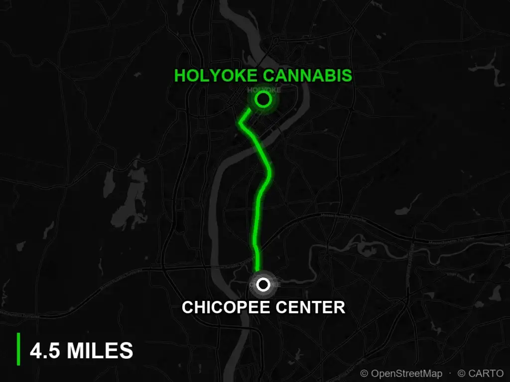 Route map from Chicopee Center to Holyoke Cannabis at 380 Dwight Street, Holyoke