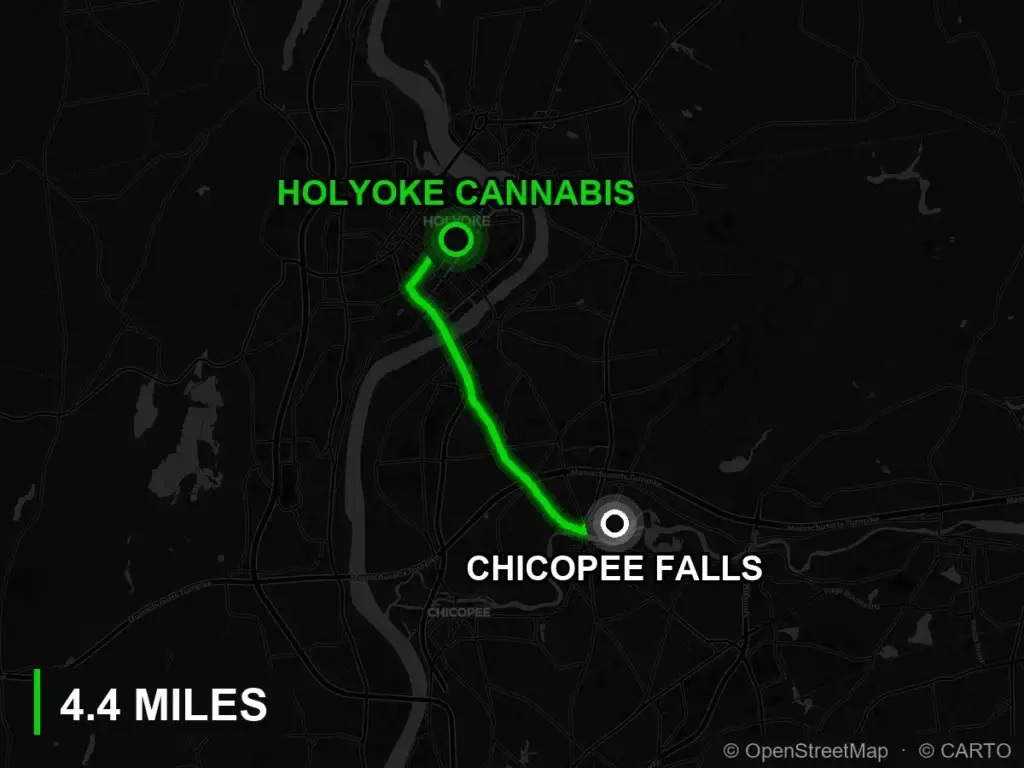 Route map from Chicopee Falls to Holyoke Cannabis at 380 Dwight Street, Holyoke