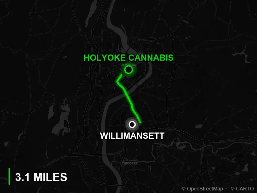 Route map from Willimansett to Holyoke Cannabis at 380 Dwight Street, Holyoke