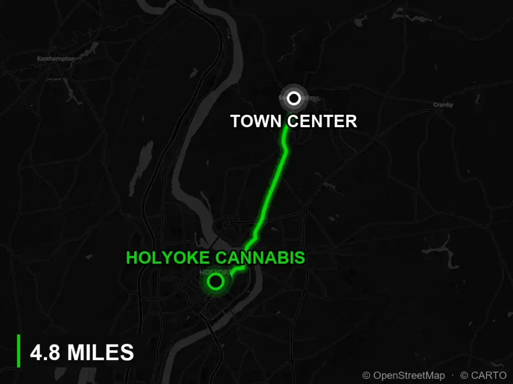 Route map from the town centre to Holyoke Cannabis at 380 Dwight Street, Holyoke