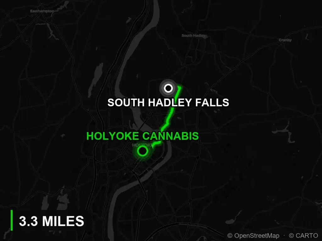 Route map from South Hadley Falls to Holyoke Cannabis at 380 Dwight Street, Holyoke
