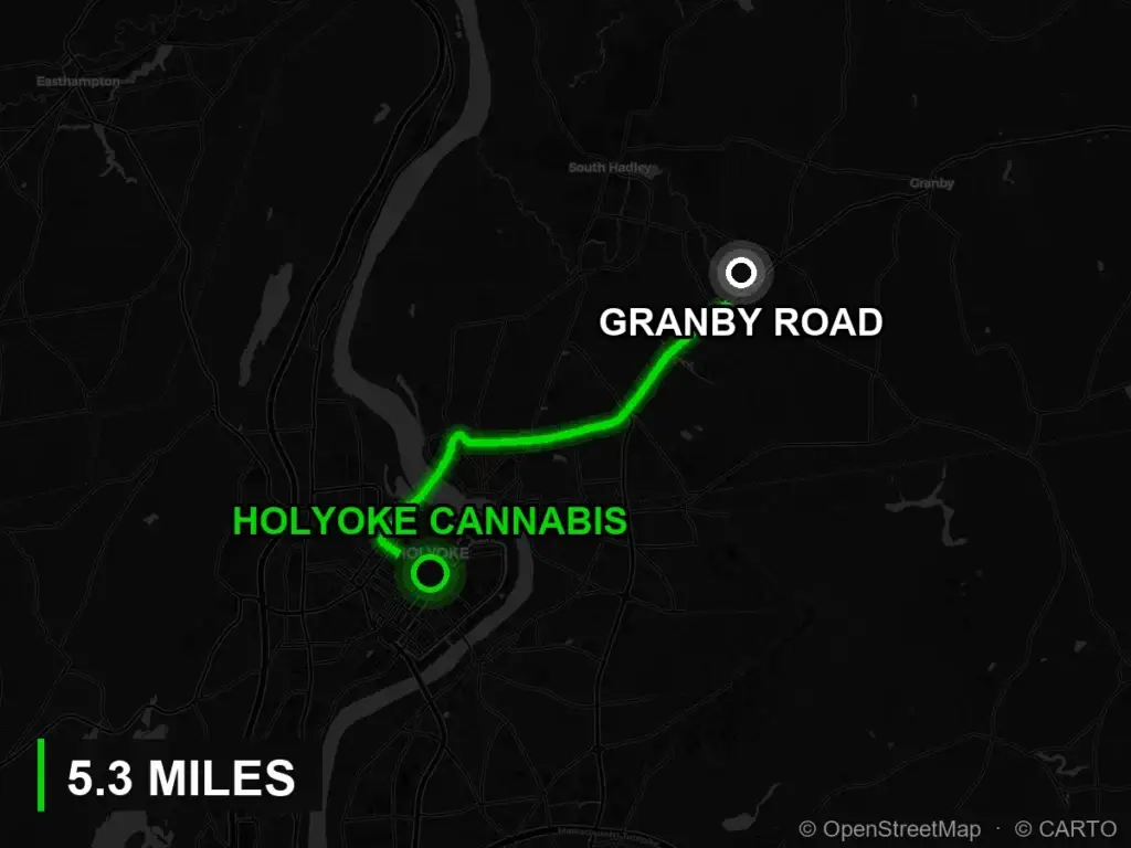 Route map from Granby Road to Holyoke Cannabis at 380 Dwight Street, Holyoke