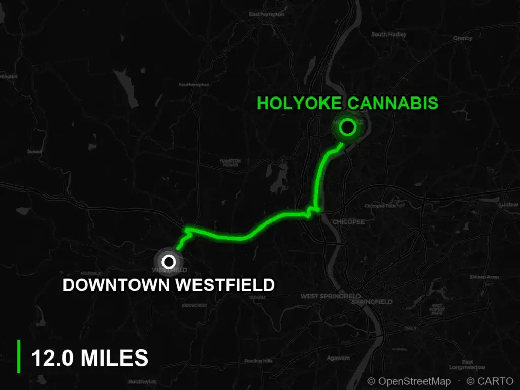 Route map from downtown Westfield to Holyoke Cannabis at 380 Dwight Street, Holyoke
