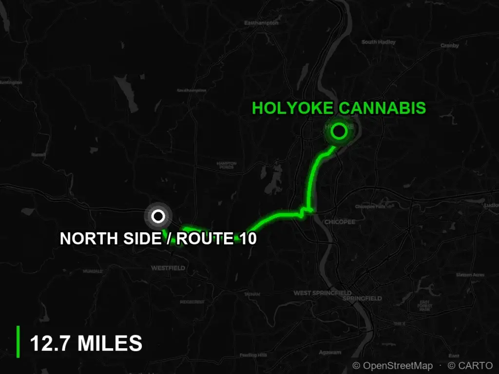 Route map from the north side and Route 10 to Holyoke Cannabis at 380 Dwight Street, Holyoke