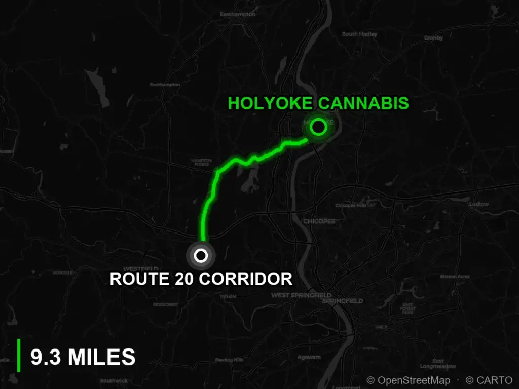 Route map from the Route 20 corridor to Holyoke Cannabis at 380 Dwight Street, Holyoke