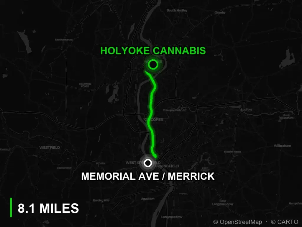 Route map from Memorial Avenue and Merrick to Holyoke Cannabis at 380 Dwight Street, Holyoke