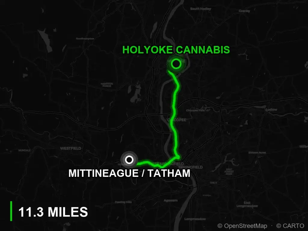 Route map from Mittineague to Holyoke Cannabis at 380 Dwight Street, Holyoke