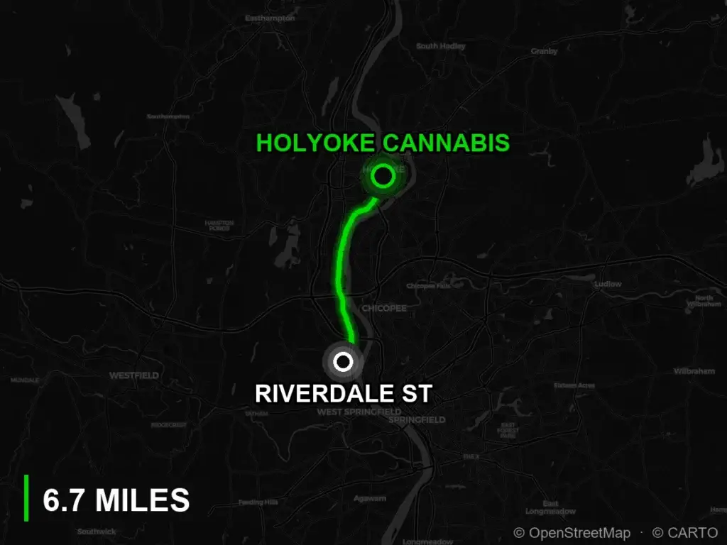 Route map from Riverdale Street to Holyoke Cannabis at 380 Dwight Street, Holyoke