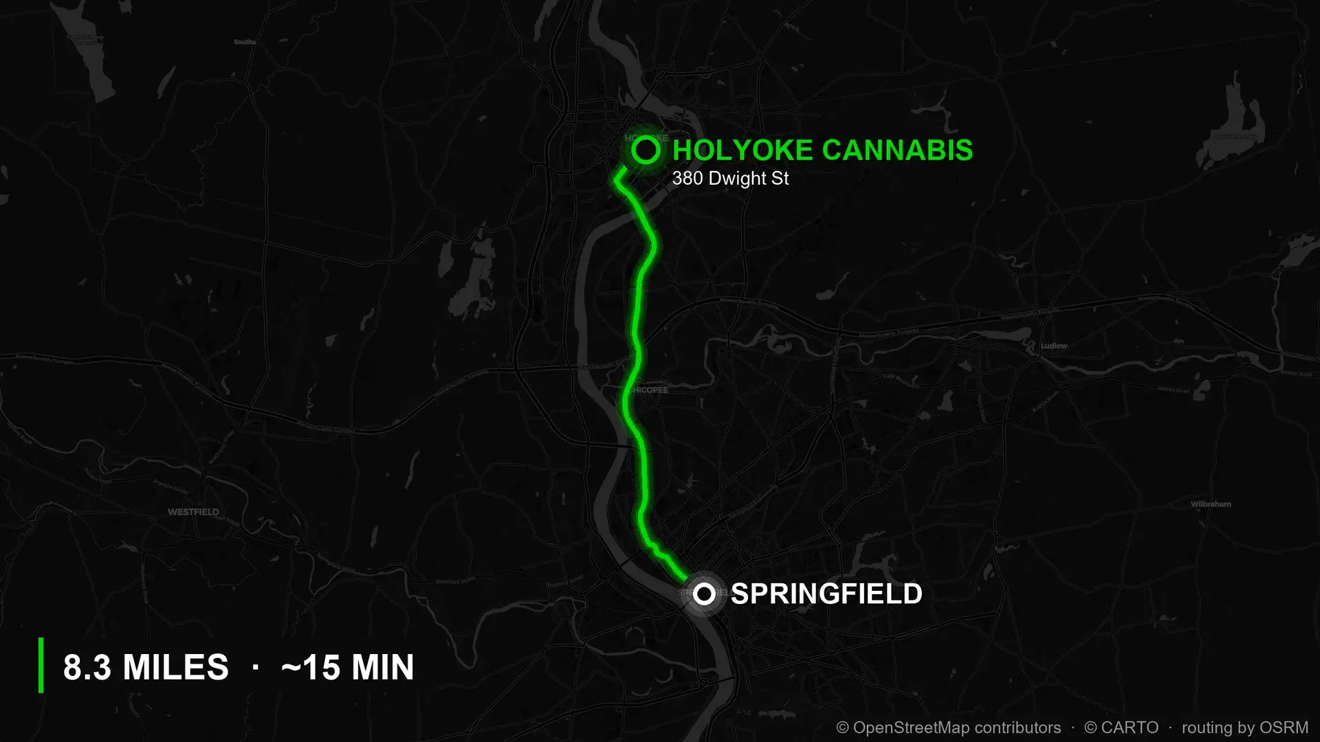 Driving route map from Springfield, MA to Holyoke Cannabis at 380 Dwight Street - I-91 North to I-391