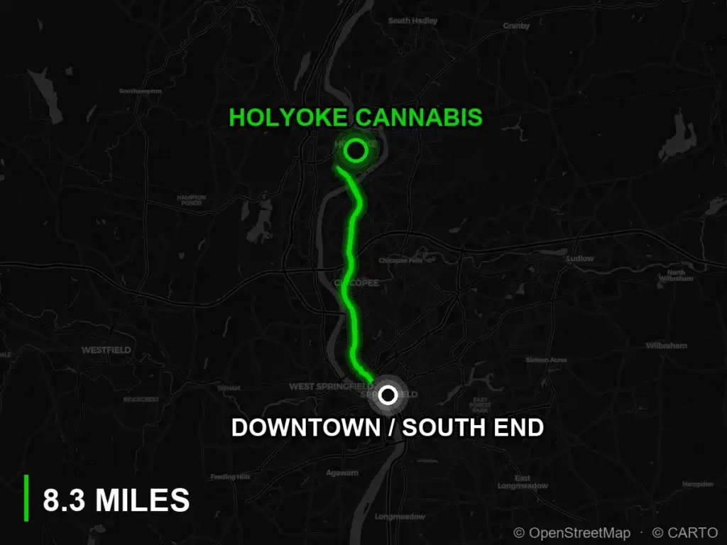 Route map from downtown Springfield to Holyoke Cannabis, 8.3 miles