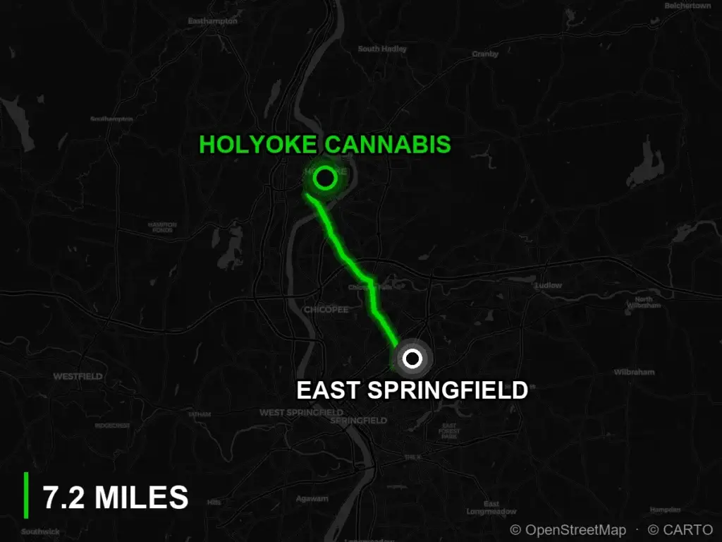 Route map from East Springfield to Holyoke Cannabis, 7.2 miles