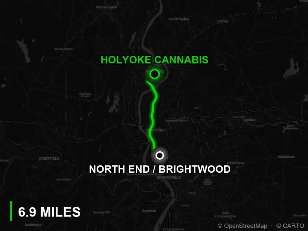 Route map from the North End and Brightwood to Holyoke Cannabis, 6.9 miles