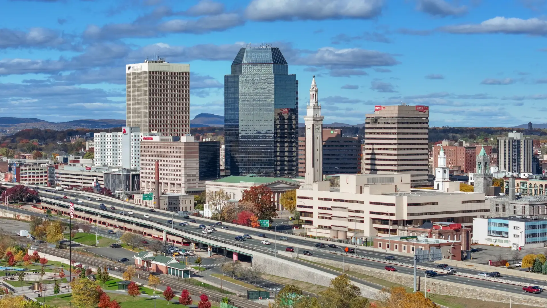 The downtown Springfield, Massachusetts skyline with Interstate 91 in the foreground