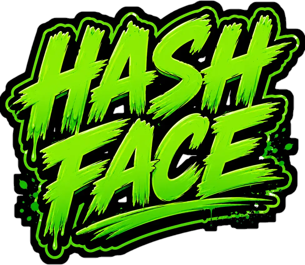 Hash Face strain logotype in green brush lettering
