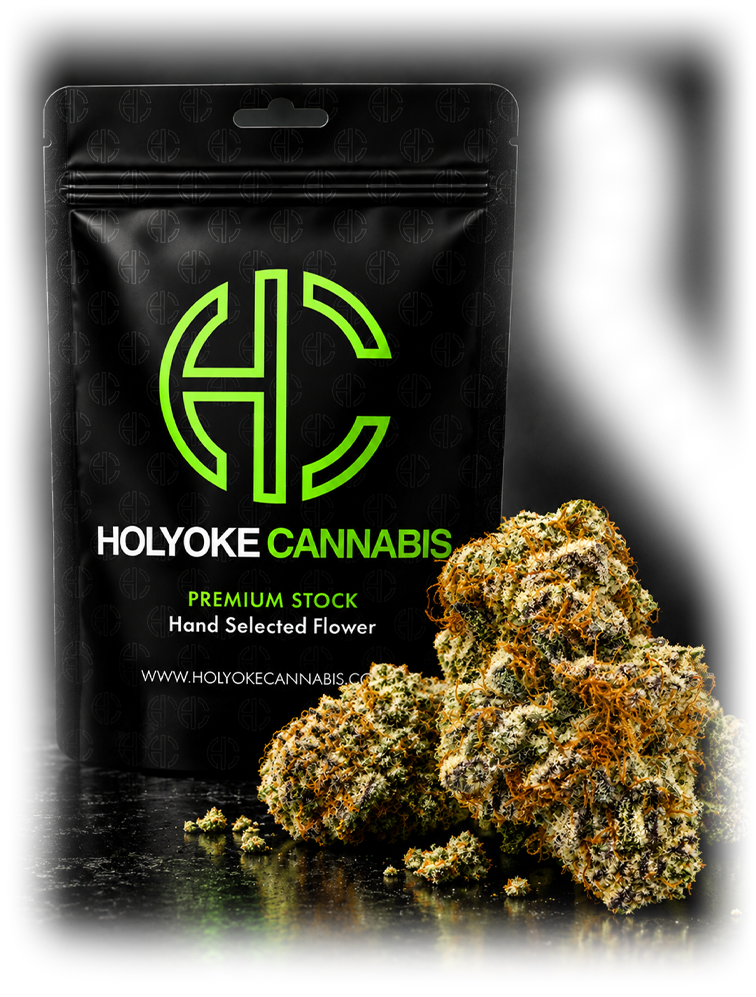 Holyoke Cannabis Hash Face pouch beside a mound of frosty Hash Face flower