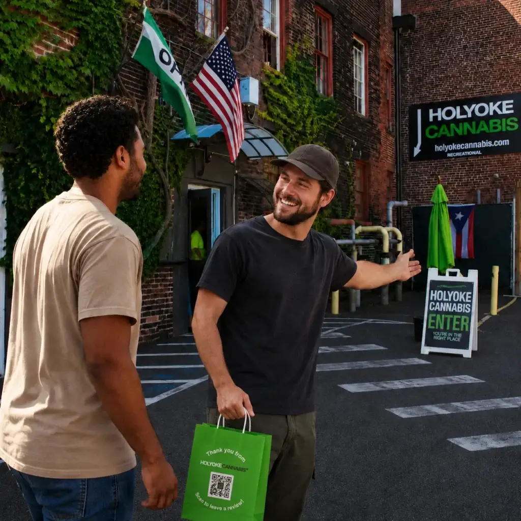 Customer welcoming a friend to the Holyoke Cannabis dispensary entrance, holding a green Holyoke Cannabis bag