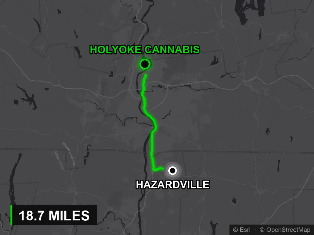 Route map from Hazardville, Enfield CT to Holyoke Cannabis
