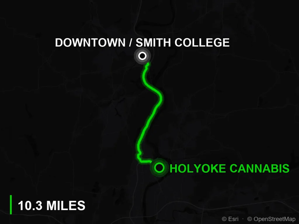 Route map from downtown Northampton and Smith College to Holyoke Cannabis at 380 Dwight Street, Holyoke