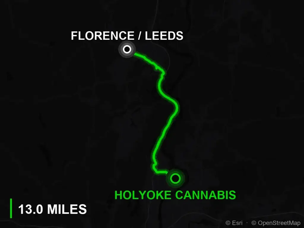 Route map from Florence and Leeds to Holyoke Cannabis at 380 Dwight Street, Holyoke