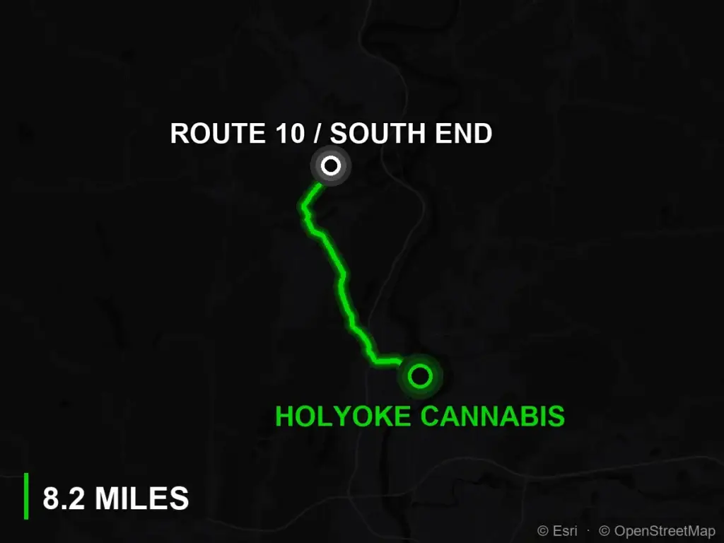 Route map from the south end of Northampton on Route 10 to Holyoke Cannabis at 380 Dwight Street, Holyoke