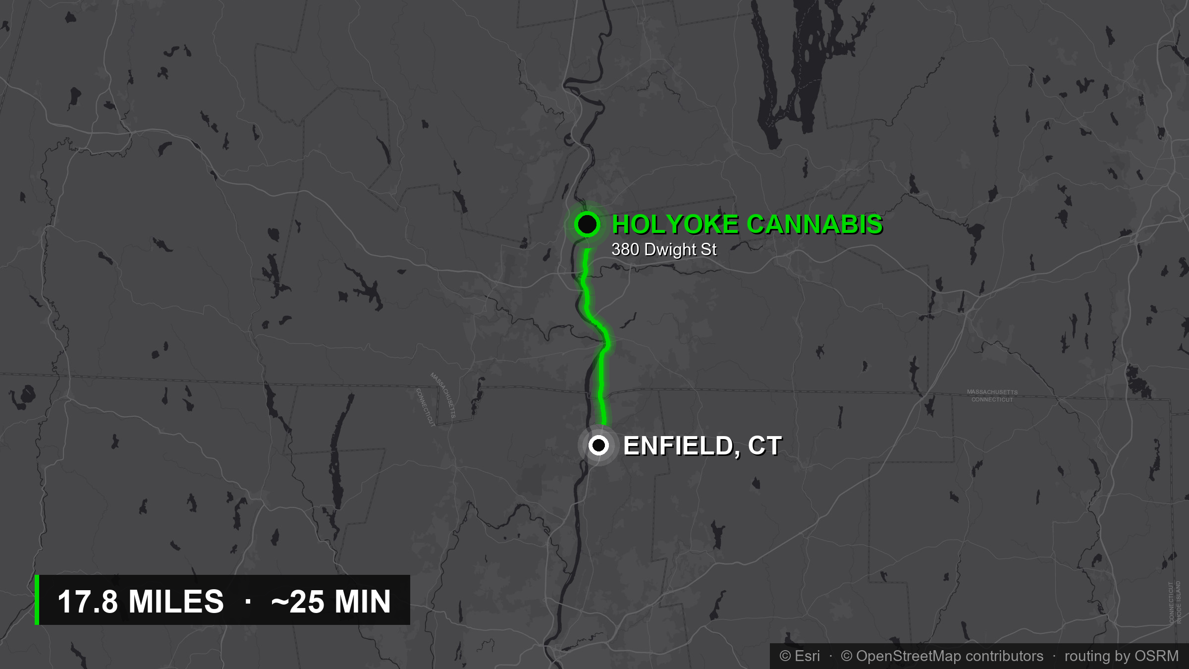 Driving route map from Enfield, CT to Holyoke Cannabis at 380 Dwight Street
