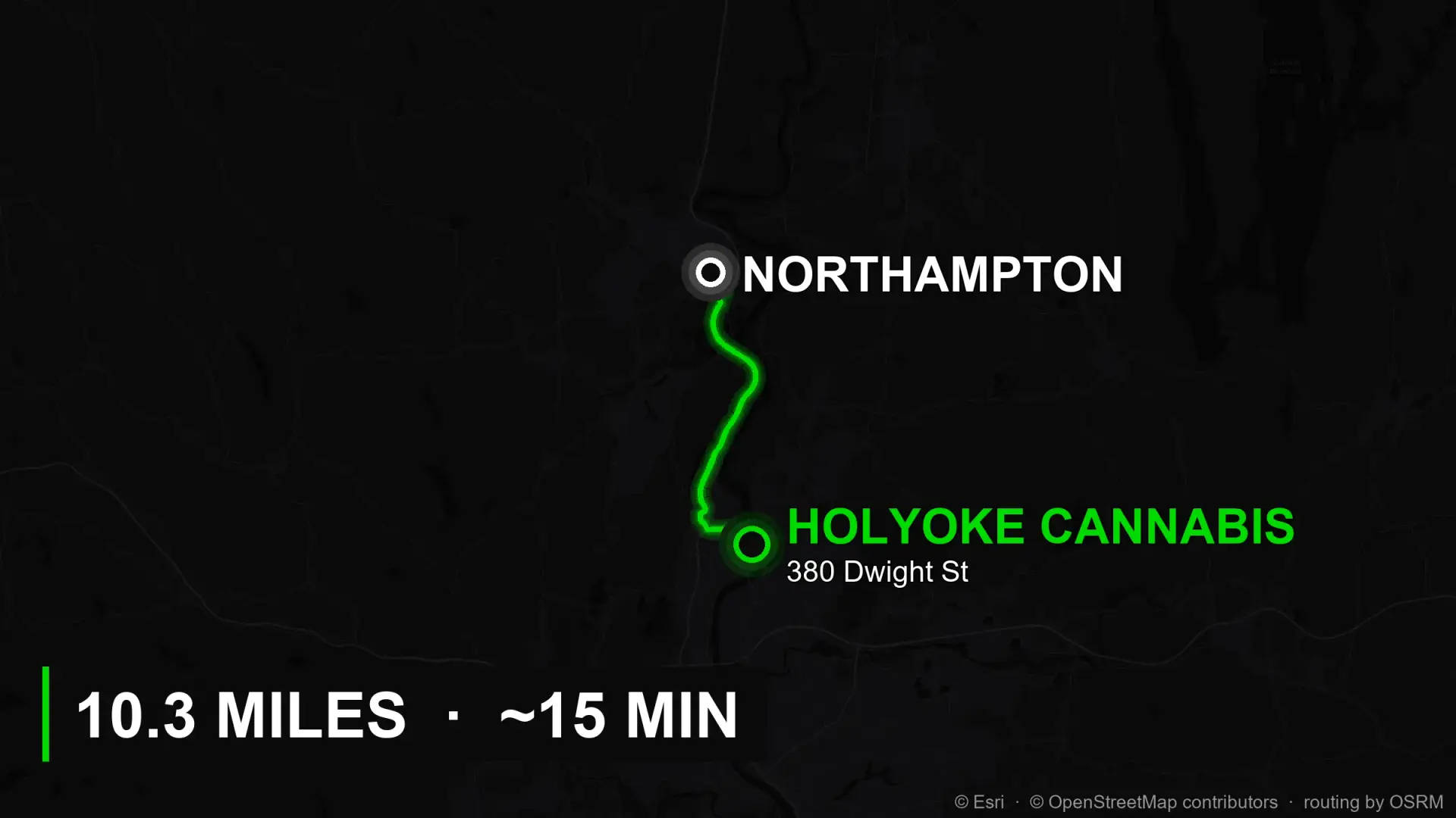 Driving route map from Northampton, MA to Holyoke Cannabis at 380 Dwight Street, about 10.3 miles and 15 minutes